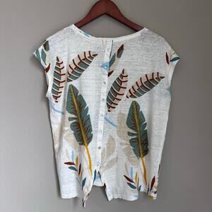 Cynthia Rowley 100% Linen Tropical Leaf Button Back Resortwear Coastal Grandma